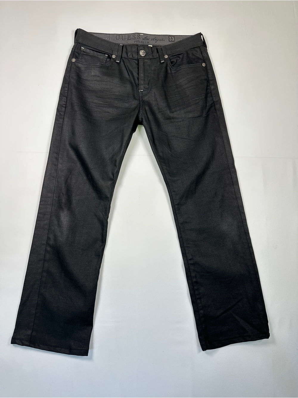 GUESS Lincoln Slim Straight Waxed Jeans Black Coated Denim Men's Size 33